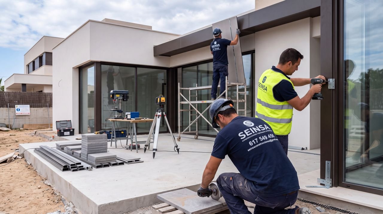 Operarios instalando la carpintería exterior y el revestimiento de una vivienda unifamiliar de obra nueva