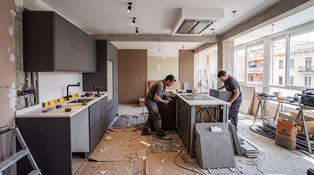 Dos operarios montando la isla y los muebles de una cocina durante una reforma